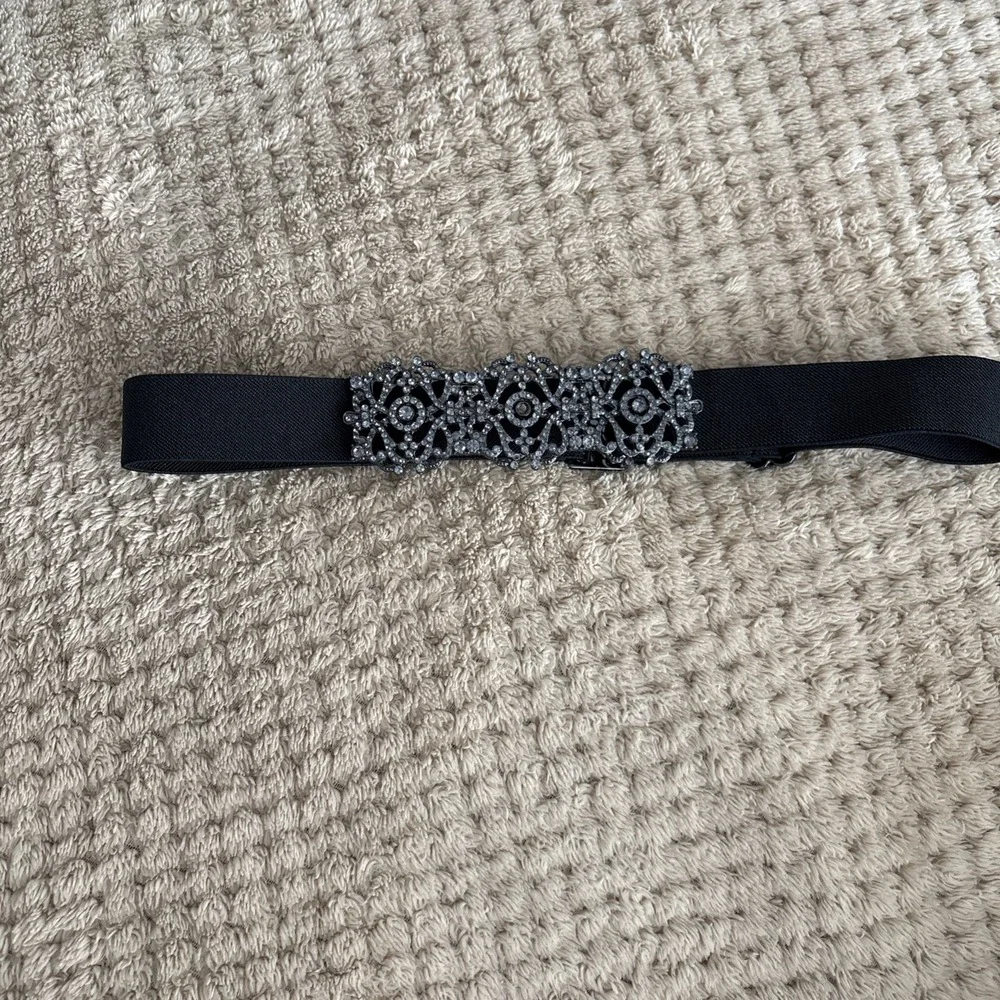 BCBG MAXAZRIA Black Platinum Rhinestone Medallion Elastic Belt | OS